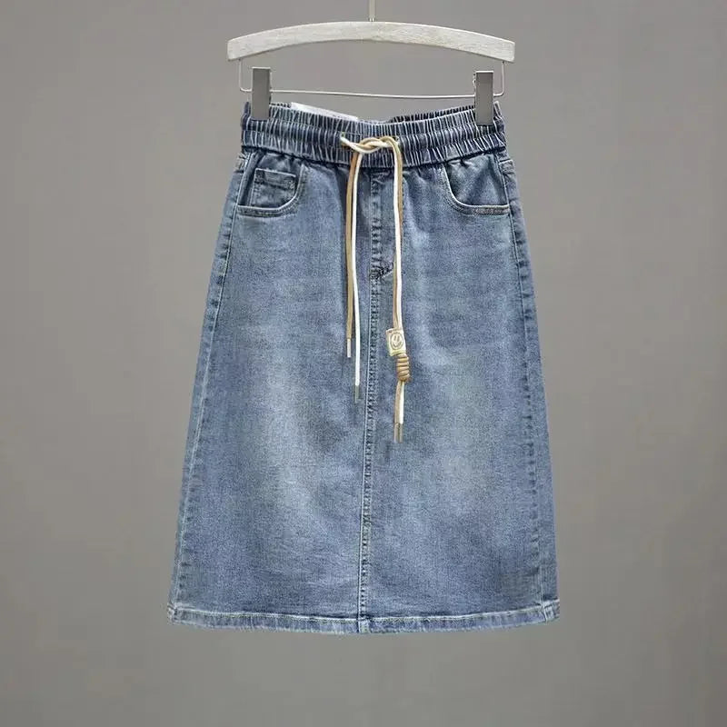 Women's Denim Skirt Midi To Knees Length with Pocket Zipper Female Jeans Skirts Chubby Slit Casual Modest Clothing Trend 2025 V GONZALES ONLINE SHOP
