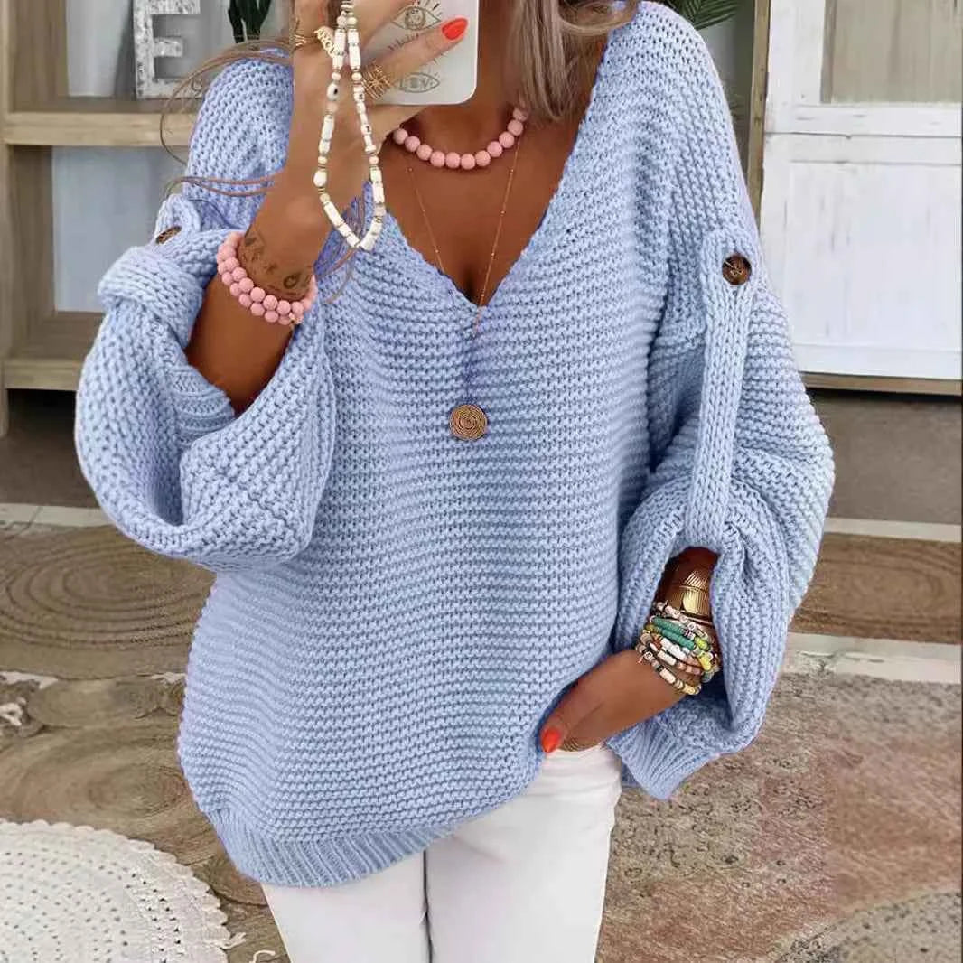 Casual Knitted V Neck Sweater Fall Winter Fashion Button Warm Commuter Jumper Elegant Solid Adjustable Long Sleeve Pullover