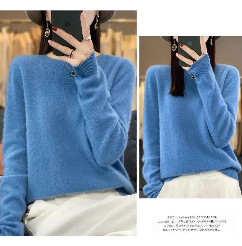 100% Merino Wool Sweater Women O-neck Cashmere Knitwear Female Pullover Autumn Winter Casual Tops Solid Color Soft Clothing