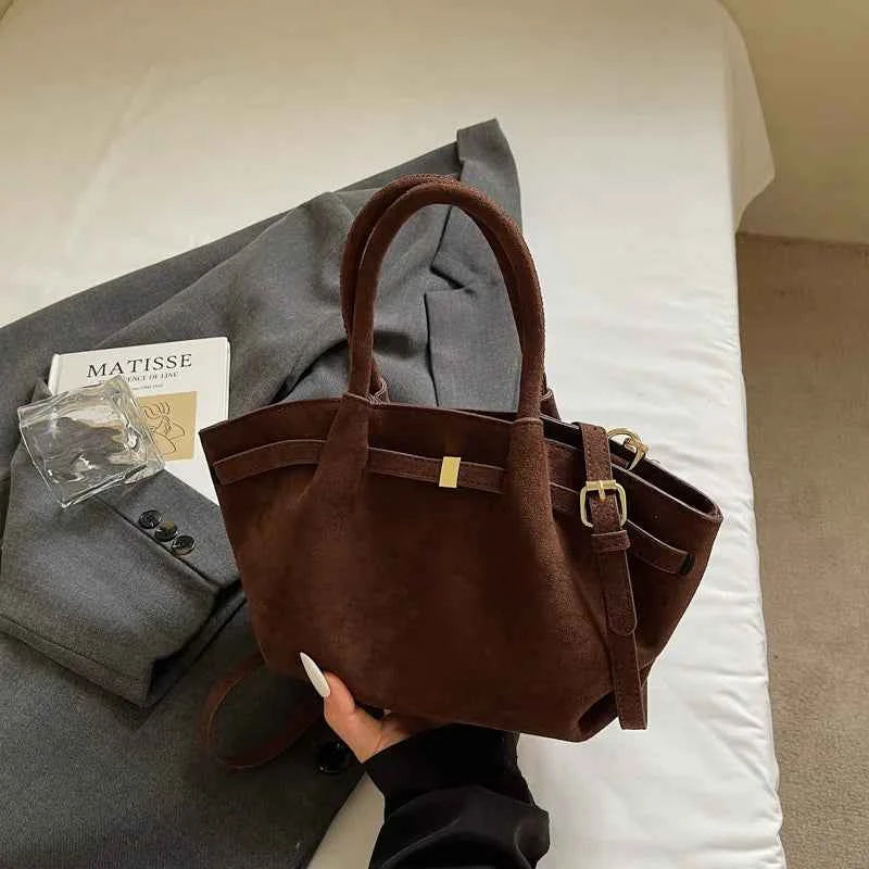 Matte Leather Suede Tote Handbags for Women Large Capacity Retro Shoulder Bag Fall Winter Belt Design Female Crossbody Bags