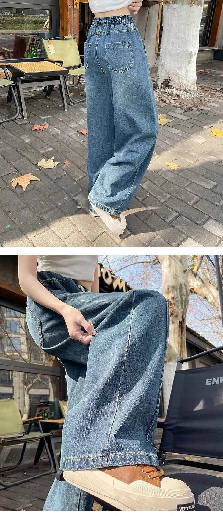 High Waist Slimming Drawstring Tie Elastic Waist Floor-Length Curved Sickle Pants 2026 Spring New Women's Trendy Wide Leg Jeans