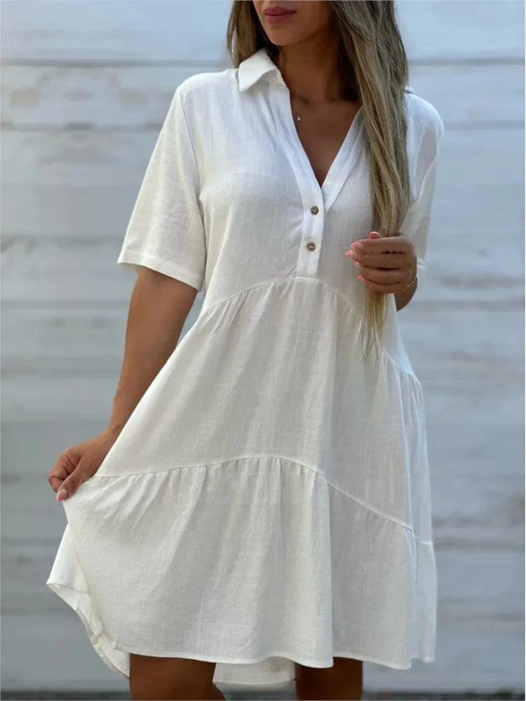Loose Solid Casual Cotton And Linen Dress Women Summer Short Sleeve Ruffle Stitching Button Shirt Dress Women's Holiday Clothing GONZALES ONLINE SHOP