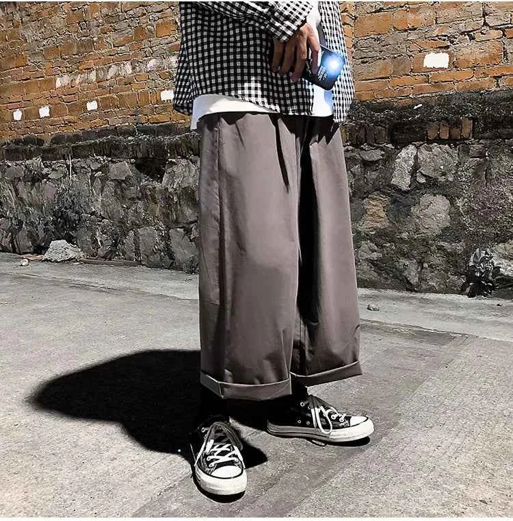 Wide Leg Pants Men Drape Straight Loose Harajuku Vintage Japan Style Ankle-length Trousers Cozy Versatile Black Pantalones Male