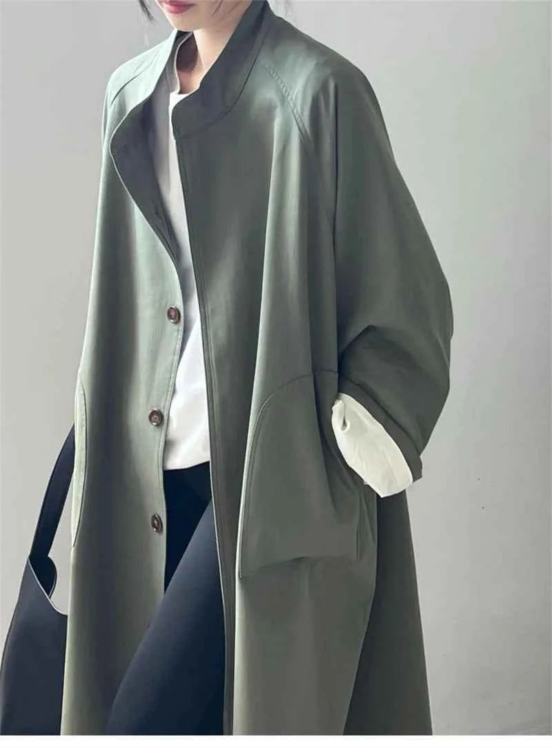 Lazy Loose Stand Up Collar Long Ttrench Coat For Women New Spring Autumn Casual British Style High-end Windbreaker Overcoat