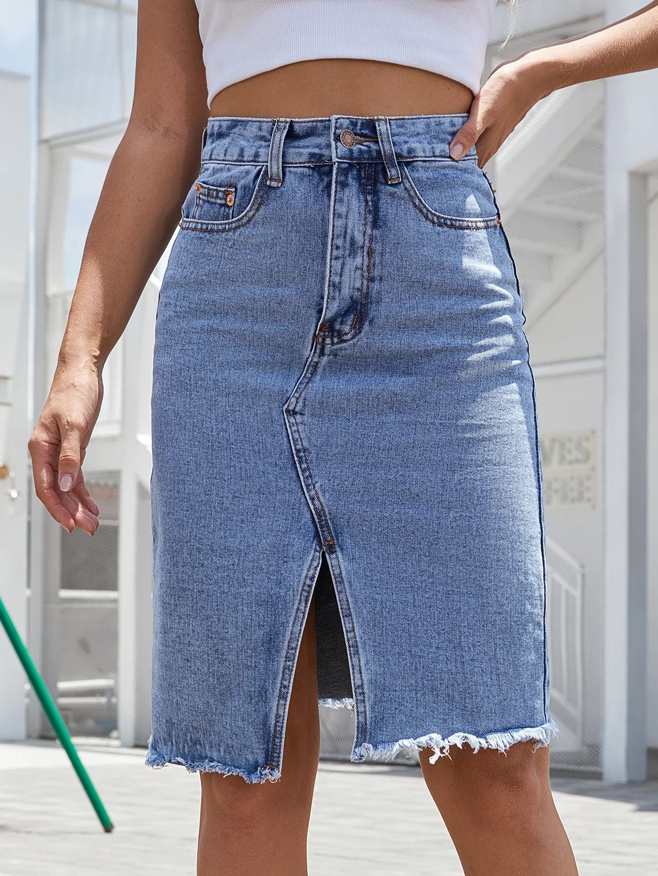 Women Slit Denim Half Skirt Hand Frayed Tassel Raw Edge Skirt Vintage Retro Korean Jean Long Office Lady Slim Fit High Waisted GONZALES ONLINE SHOP
