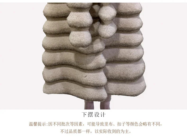 Nerazzurri Winter Long Striped Thick Warm Fluffy Faux Chinchilla Fur Coat Women Shawl Collar Elegant Chic Luxury Furry Overcoat - GONZALES ONLINE SHOP