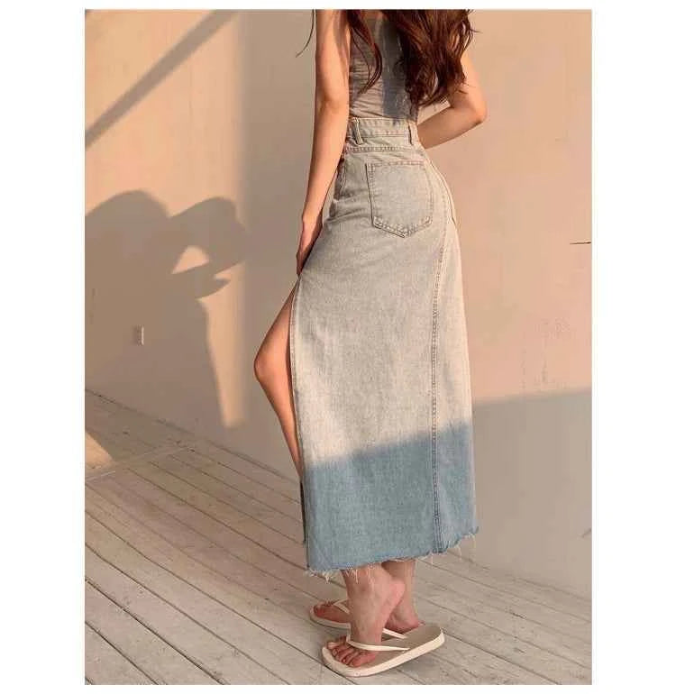 Streamgirl Maxi Jeans Skirt Women Denim Long Skirts Summer 2024 Vintage Maxi Skirt Side Split Denim Skirt Women Long Korean
