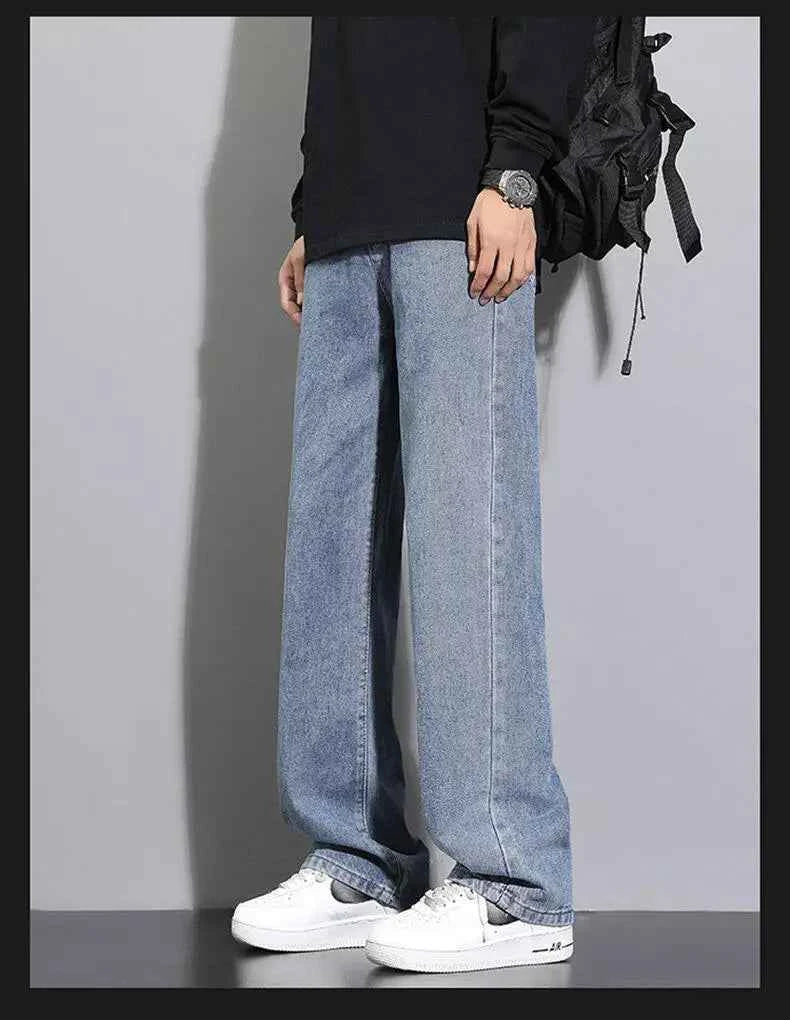 2026 New Korean Men's Casual Long Jeans Classic Man Straight Denim Wide-leg Pants Solid Color Light Blue Grey Black