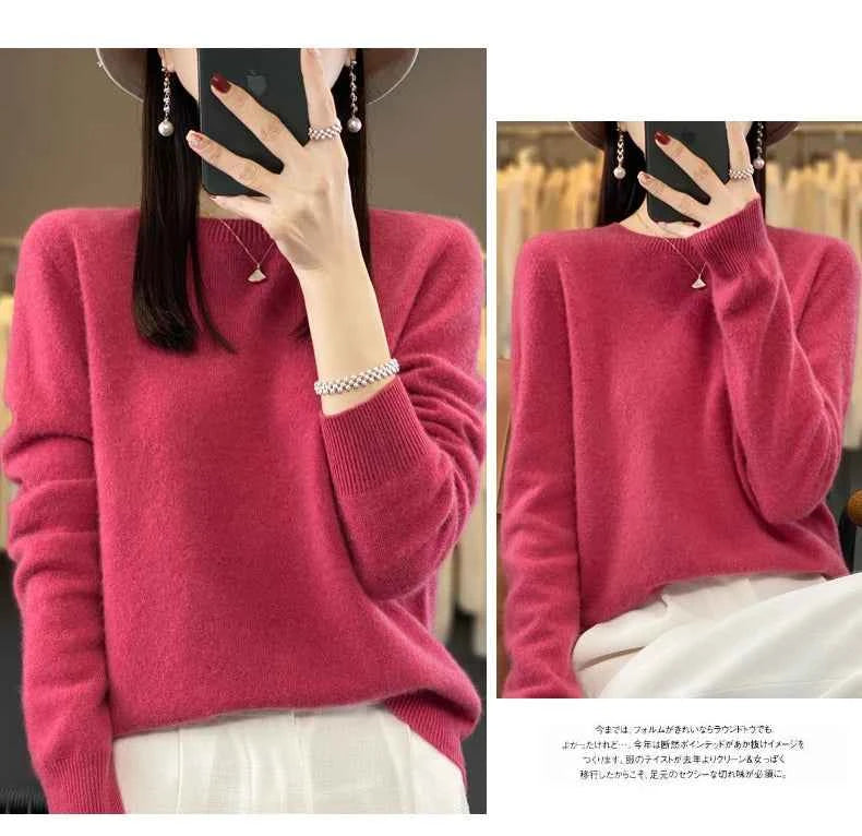 100% Merino Wool Sweater Women O-neck Cashmere Knitwear Female Pullover Autumn Winter Casual Tops Solid Color Soft Clothing