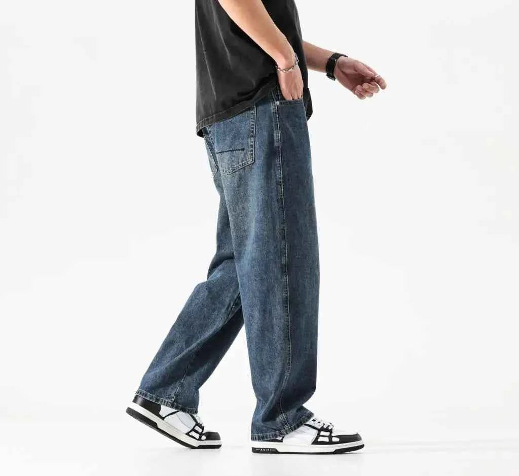 Wide Leg Jeans Men Baggy Pants Summer Straight Cut Loose Retro Blue Denim Pants Streetwear Fashion Pockets Vintage Man Clothes