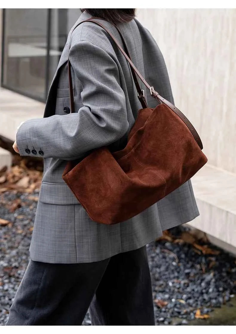Women's Natural Nuede Genuine Leather Handbags Ladies large capacity Tote Bag Female Design Luxury Commuting Yoga Bag hobo bag