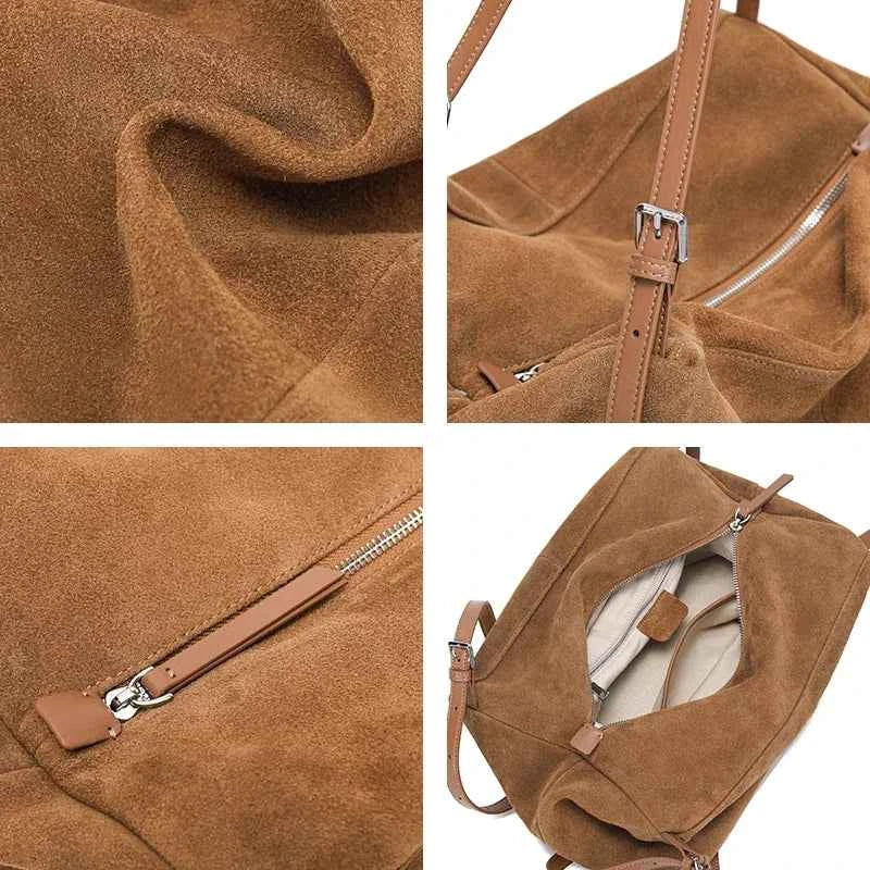 Women's Natural Nuede Genuine Leather Handbags Ladies large capacity Tote Bag Female Design Luxury Commuting Yoga Bag hobo bag