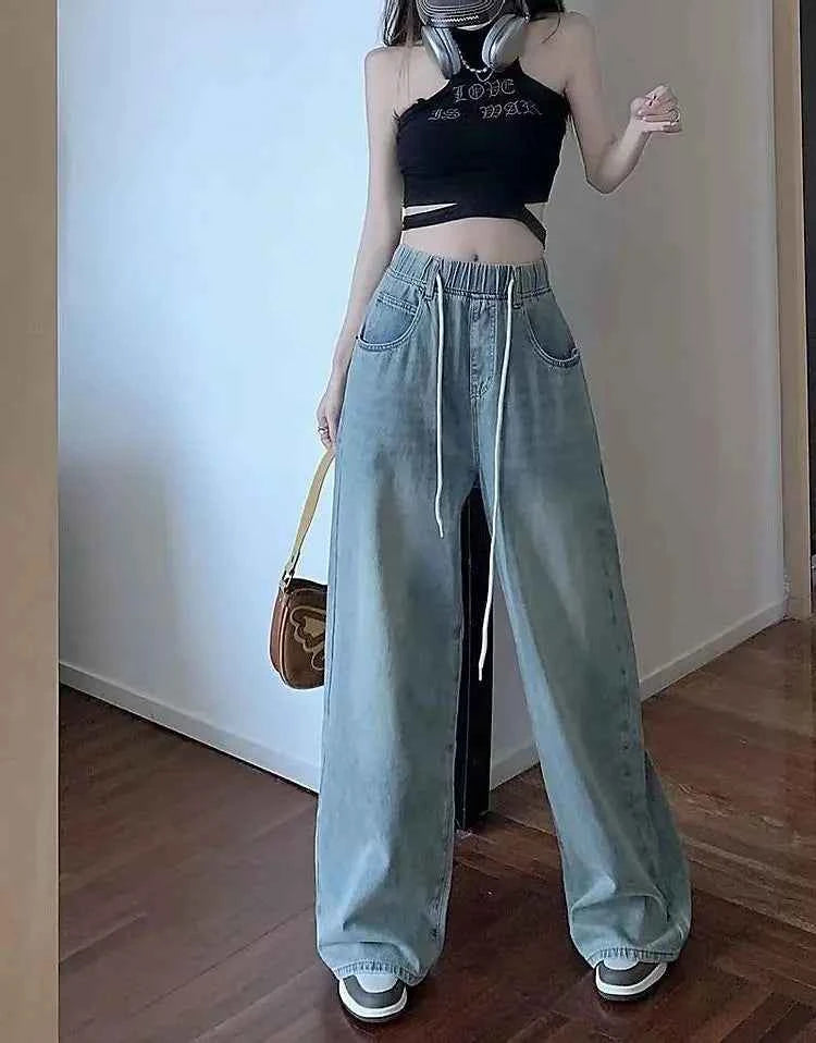 Waist Drawstring Jeans for Women in Spring Summer Korean Version Ins High Waist Slimming Student Straight Wide-leg Floor Pants