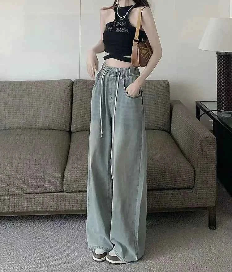 Waist Drawstring Jeans for Women in Spring Summer Korean Version Ins High Waist Slimming Student Straight Wide-leg Floor Pants