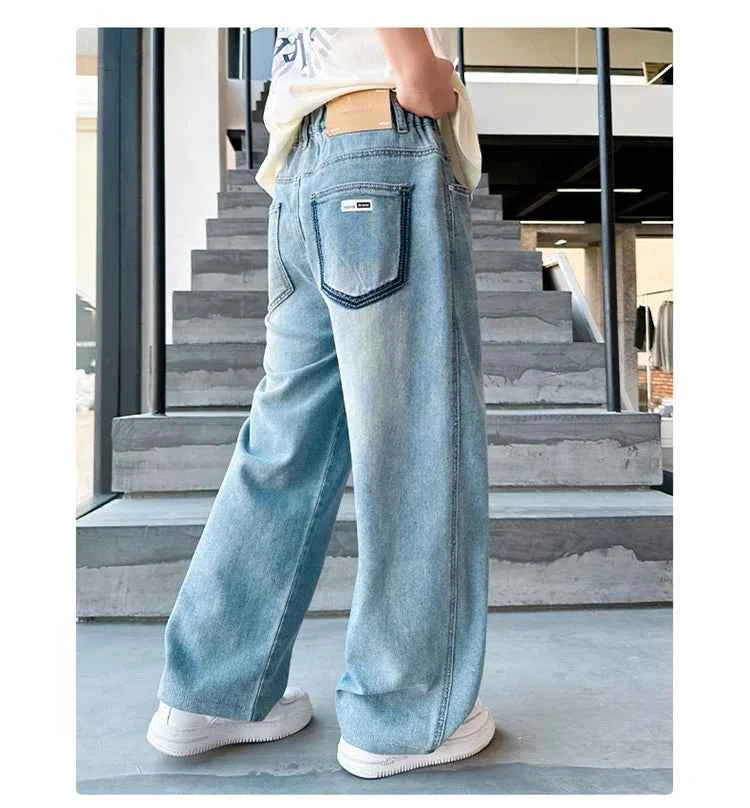 High Quality Kids Straight Fit Drawstring Jeans for Boy Girl Brief High Waist Denim Pants Unisex Child Casual Jeans Trousers