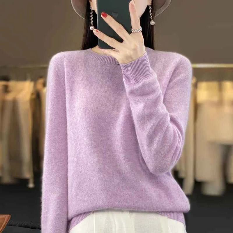 100% Merino Wool Sweater Women O-neck Cashmere Knitwear Female Pullover Autumn Winter Casual Tops Solid Color Soft Clothing