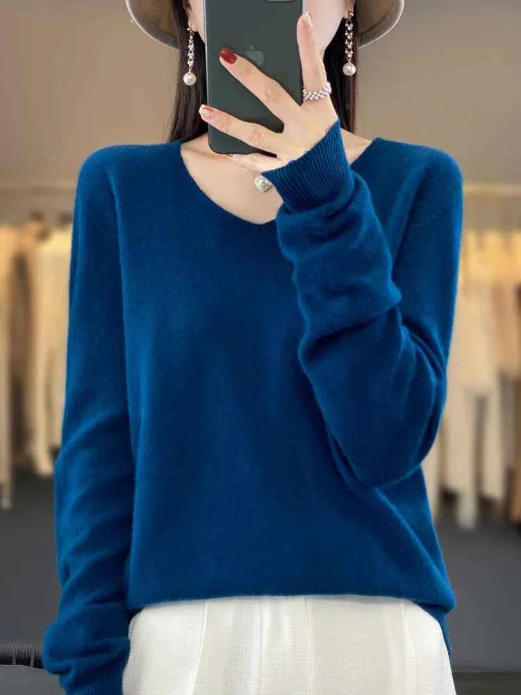 Fashion100% Merino Wool Sweater Cashmere Pullover Women Knitwear V-Neck Long Sleeve Autumn Winter Fashion Basic Clothing Tops