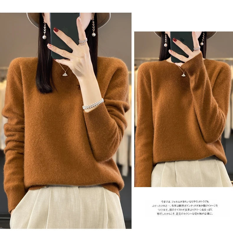 100% Merino Wool Sweater Women O-neck Cashmere Knitwear Female Pullover Autumn Winter Casual Tops Solid Color Soft Clothing GONZALES ONLINE SHOP