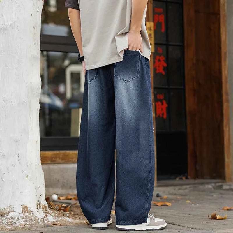 Men's Vintage Washed Wide Leg Jeans Elastic Drawstring Waist Baggy Streetwear Denim Trousers oversized Trousers fit