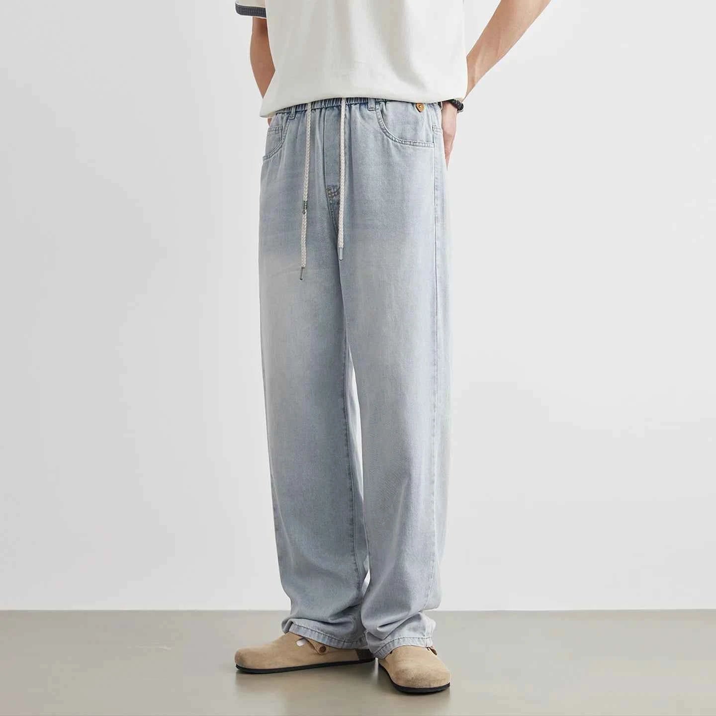 Fashion Men's Drawstring Elastic Waist Street Style Drape Jeans 2025 Summer Light Blue Washed Loose Straight Casual Pants