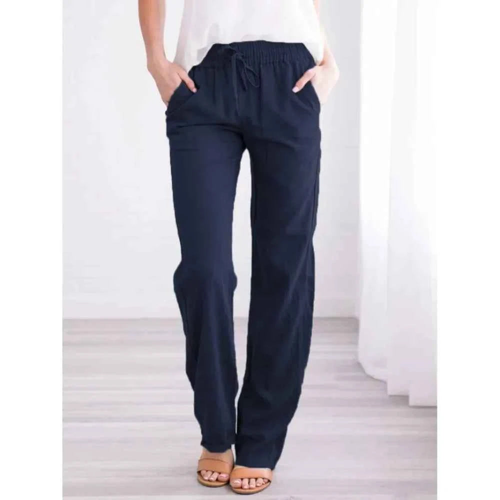 Women Cotton Linen Drawstring Pants Elastic Waist Casual Solid Color Trousers Baggy Loose Straight Leg Breathable Sweatpants