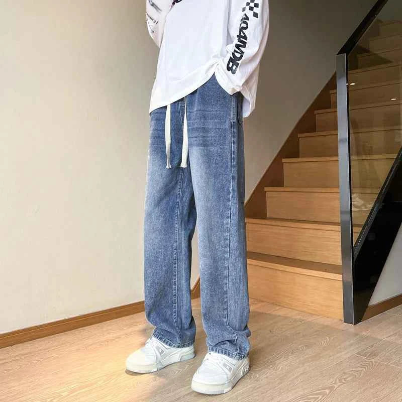 American retro drawstring jeans for men in spring and autumn fashion, washed with water, loose and versatile, men's denim pants