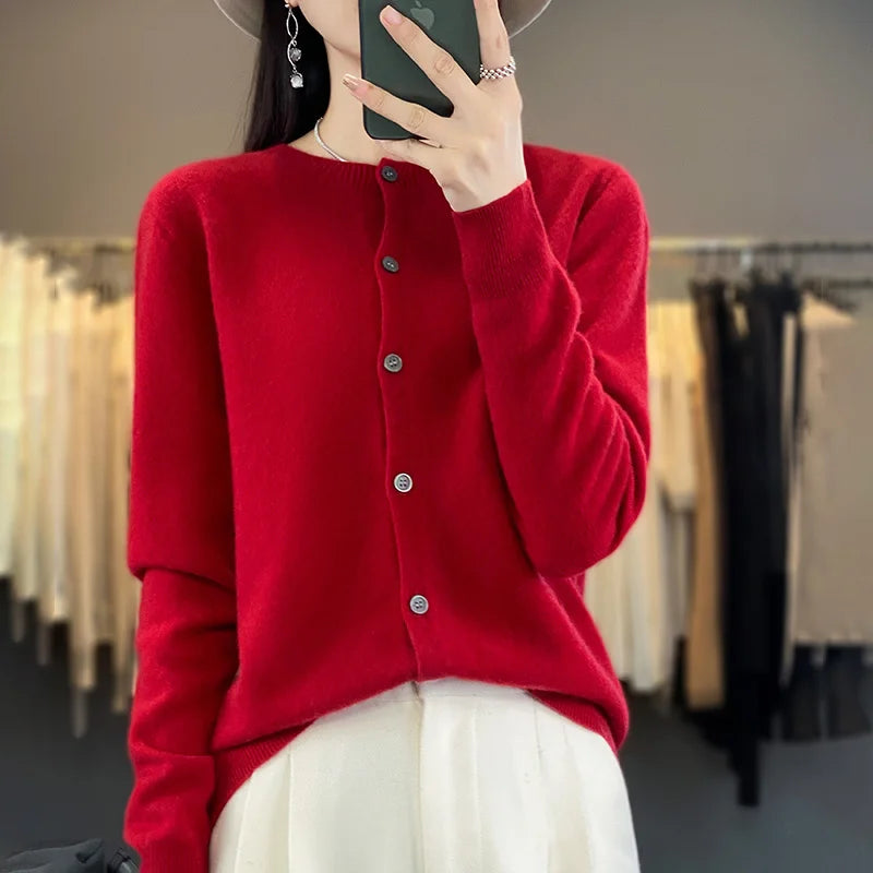 100% Merino Wool Sweater Women O-Neck Cardigan Basic Style Buttoned Knitwear Female Casual Autumn Winter Soft Tops GONZALES ONLINE SHOP