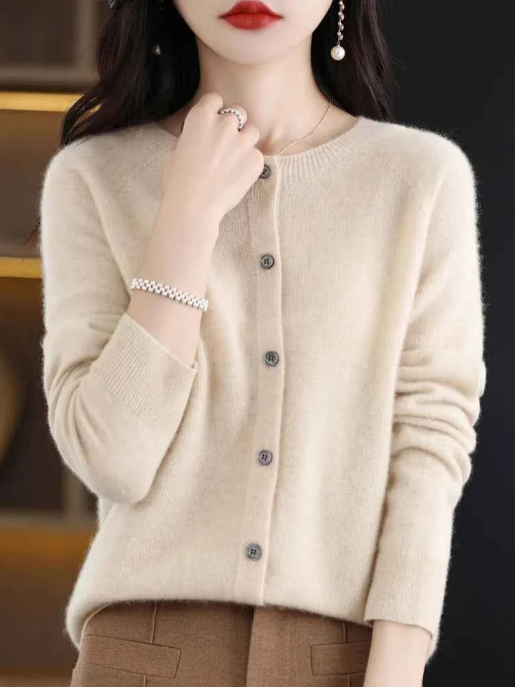 Women Cashmere Sweater 100% Merino Wool Knitted Cardigan Autumn Winter Knitwear O-Neck Female Solid Color Casual Fashion Top