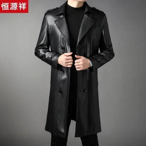 Genuine Leather Jacket Men Mid-length Windbreaker Autumn Winter Casual Jackets Suit Collar Double-breasted Coats Jaqueta - GONZALES ONLINE SHOP