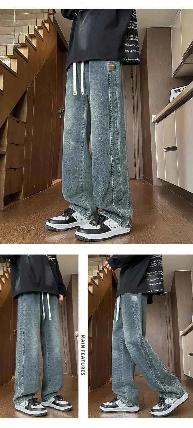 Men's Drawstring Waist Loose Straight Leg Jeans Summer Casual Wide Leg Denim Pants