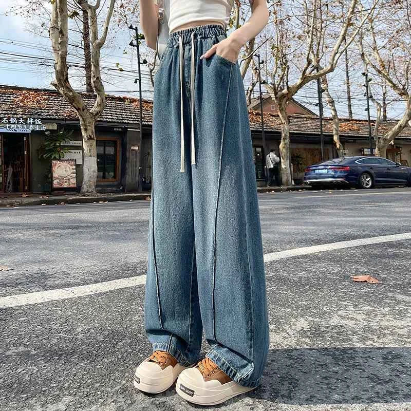 High Waist Slimming Drawstring Tie Elastic Waist Floor-Length Curved Sickle Pants 2026 Spring New Women's Trendy Wide Leg Jeans