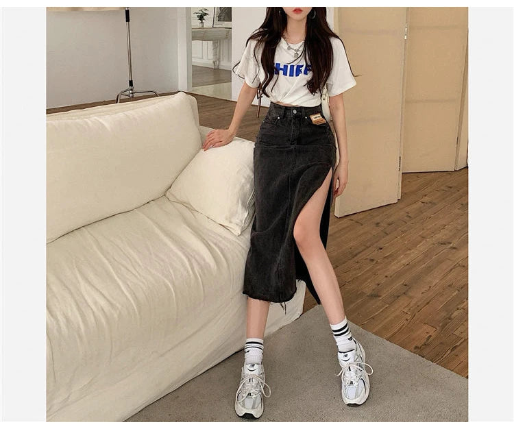 Streamgirl Maxi Jeans Skirt Women Denim Long Skirts Summer 2024 Vintage Maxi Skirt Side Split Denim Skirt Women Long Korean GONZALES ONLINE SHOP