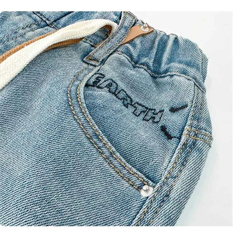 High Quality Kids Straight Fit Drawstring Jeans for Boy Girl Brief High Waist Denim Pants Unisex Child Casual Jeans Trousers