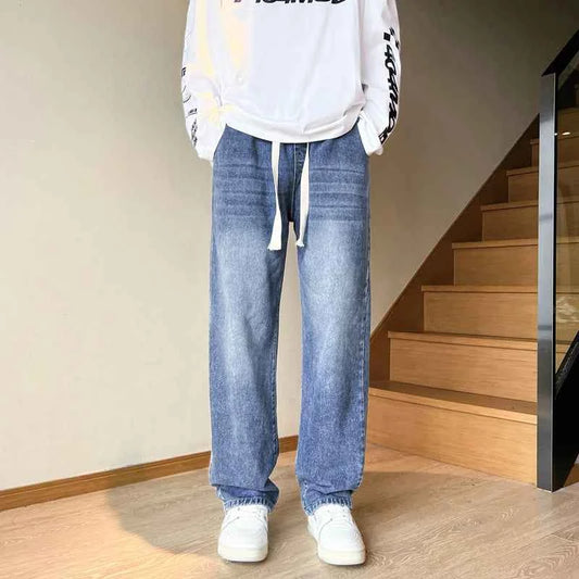American retro drawstring jeans for men in spring and autumn fashion, washed with water, loose and versatile, men's denim pants