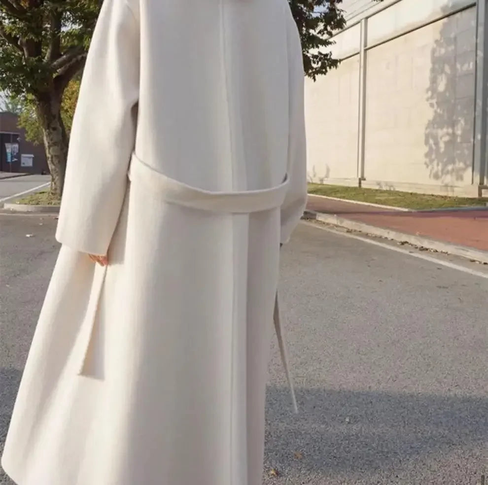 Elegant Korea Chic Woolen Coat for Women - Long Sleeve Loose White Overgarment for Autumn Winter 2023 - GONZALES ONLINE SHOP