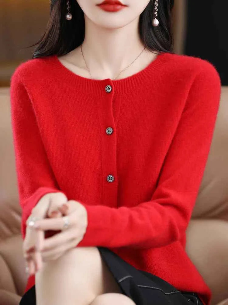 Women Cashmere Sweater 100% Merino Wool Knitted Cardigan Autumn Winter Knitwear O-Neck Female Solid Color Casual Fashion Top
