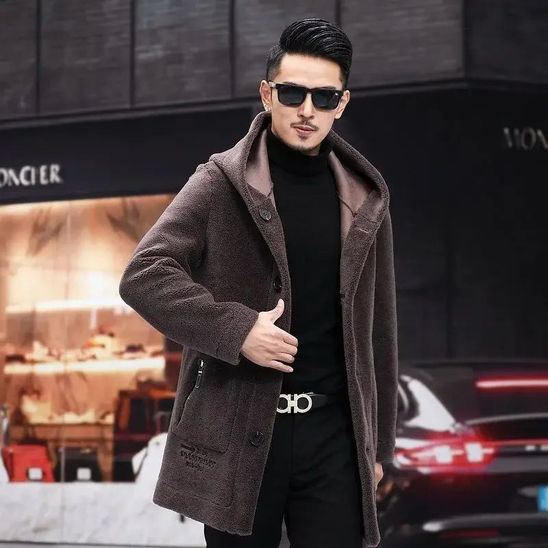 Men Winter Long Casual Thick Fleece Hooded Waterproof Jacket Male Real Fur Wool Coat Outwear Vintage Clothing G436 - GONZALES ONLINE SHOP
