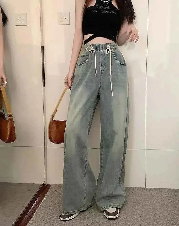 Waist Drawstring Jeans for Women in Spring Summer Korean Version Ins High Waist Slimming Student Straight Wide-leg Floor Pants