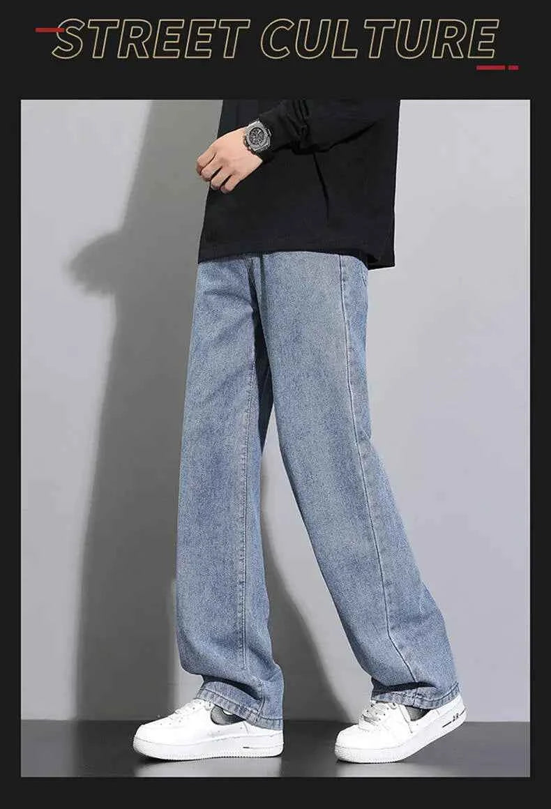 2026 New Korean Men's Casual Long Jeans Classic Man Straight Denim Wide-leg Pants Solid Color Light Blue Grey Black