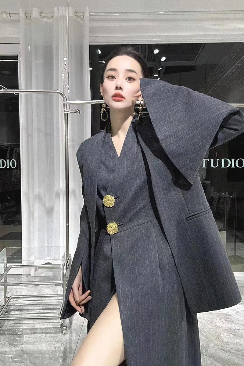 SuperAen 2023 Winter New Korean Dark Stripe V-Neck Split Dress Paired with A Fashionable Two Piece Suit Coat - GONZALES ONLINE SHOP