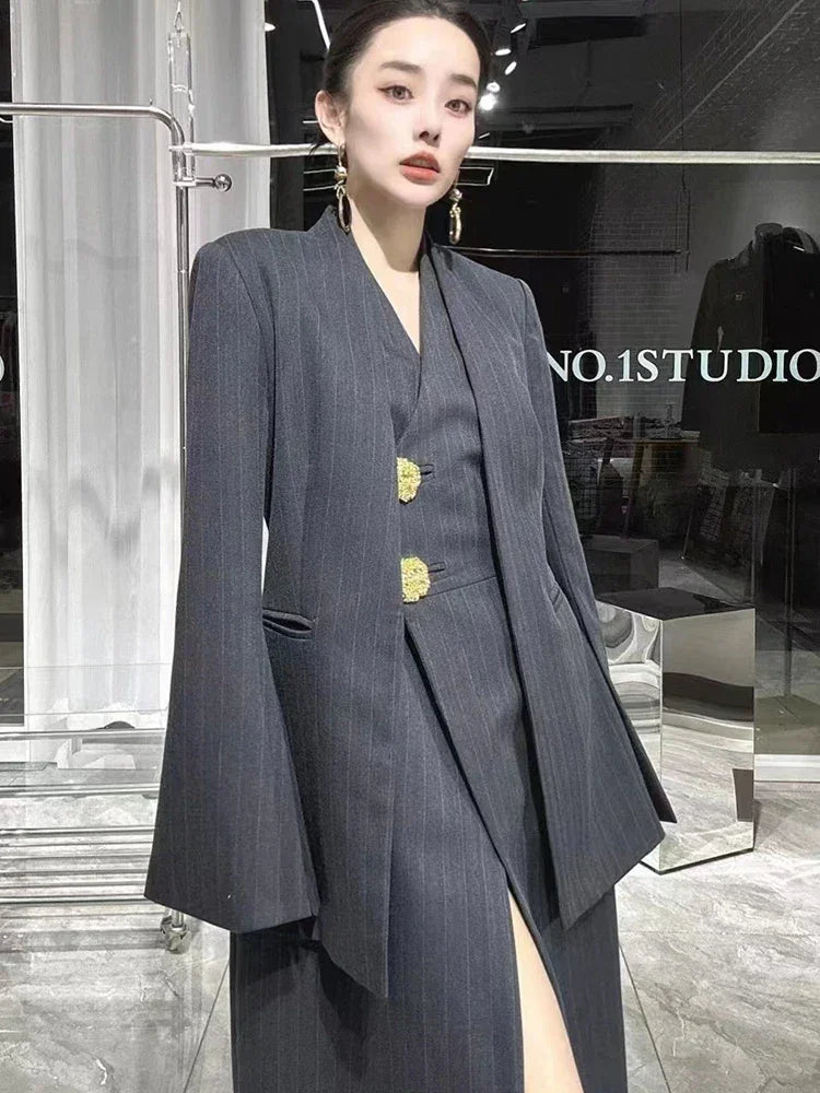 SuperAen 2023 Winter New Korean Dark Stripe V-Neck Split Dress Paired with A Fashionable Two Piece Suit Coat - GONZALES ONLINE SHOP