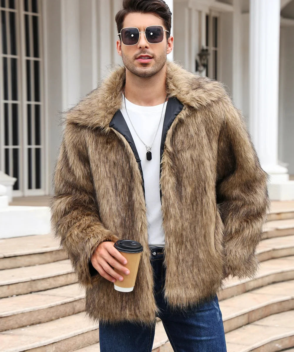 Men Faux Fox Fur Jacket Coat Winter Thick Fluffy Long Sleeve Lapel Warm Shaggy Outerwear Luxury Fur Jacket Bontjas Jackets Mens - GONZALES ONLINE SHOP