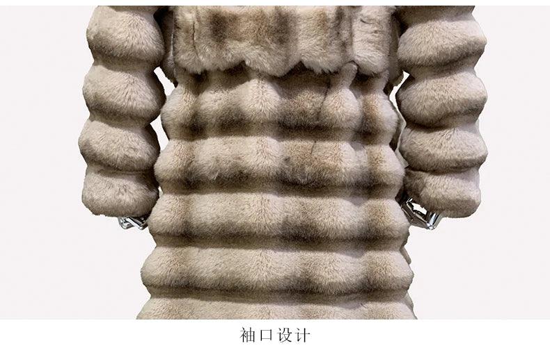 Nerazzurri Winter Long Striped Thick Warm Fluffy Faux Chinchilla Fur Coat Women Shawl Collar Elegant Chic Luxury Furry Overcoat - GONZALES ONLINE SHOP