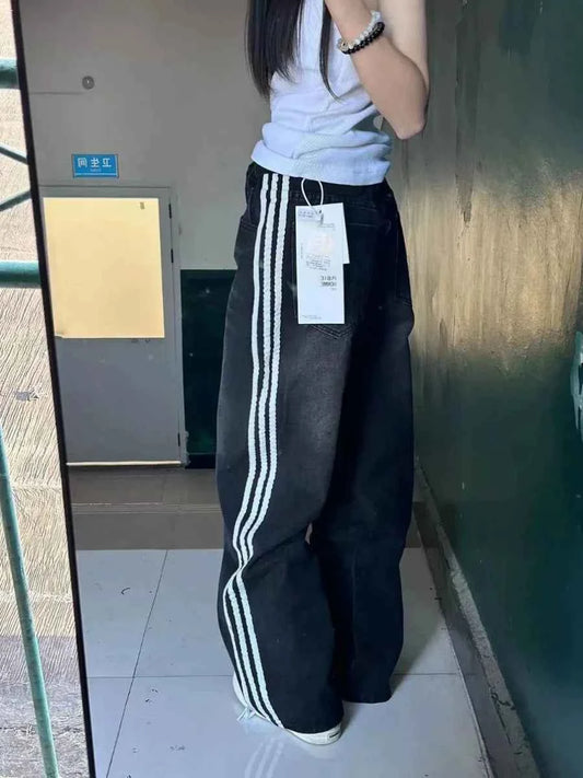 American High Street Black Three Bars Straight Leg Jeans Women's Loose Slim High Waist Wide Leg Floor-Length Pants