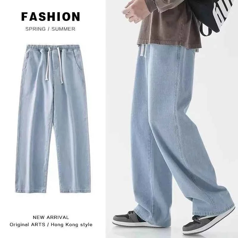 2026 Spring/summer New Men Solid Color Drawstring Pocket Jeans Straight Tube Loose and Fashionable Sports Casual Wide Leg Pants