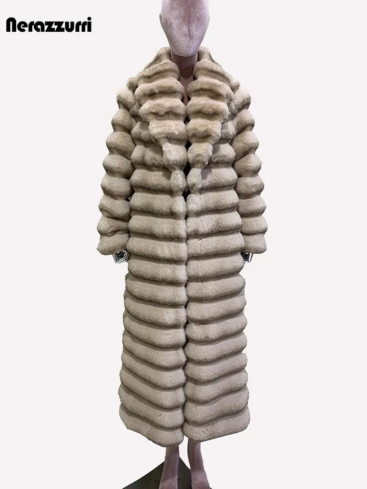 Nerazzurri Winter Long Striped Thick Warm Fluffy Faux Chinchilla Fur Coat Women Shawl Collar Elegant Chic Luxury Furry Overcoat - GONZALES ONLINE SHOP