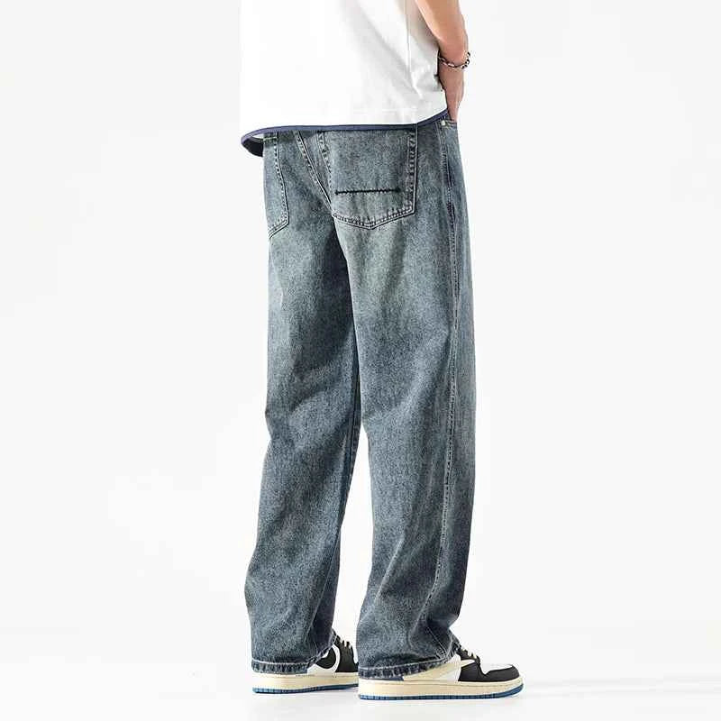 Wide Leg Jeans Men Baggy Pants Summer Straight Cut Loose Retro Blue Denim Pants Streetwear Fashion Pockets Vintage Man Clothes