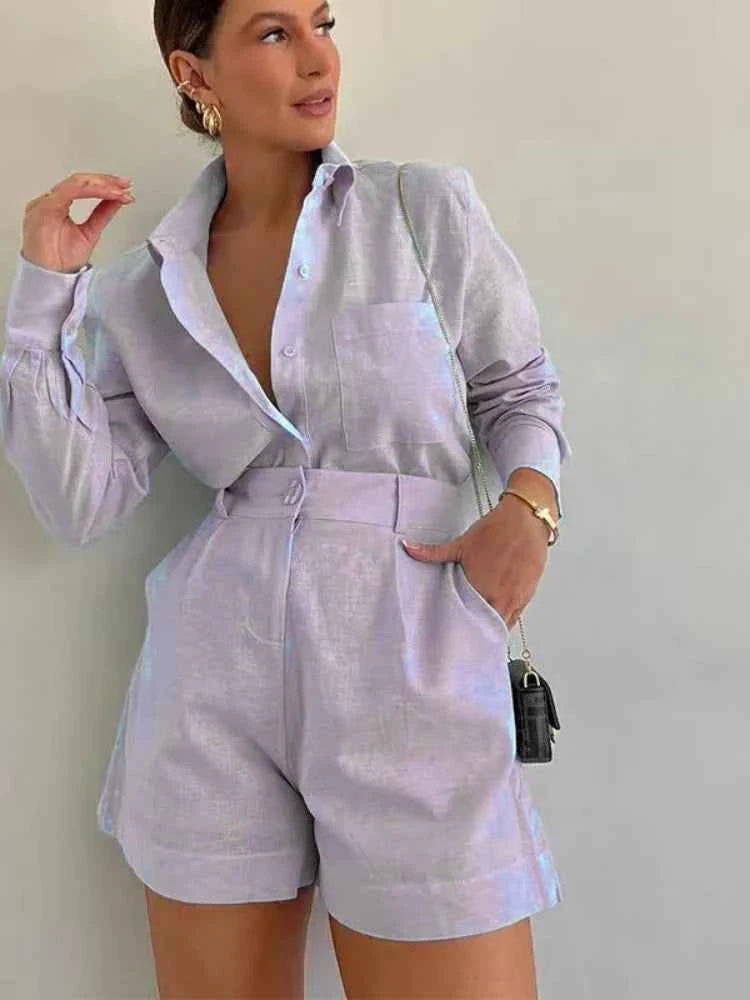 Women Long Sleeve 2 Pieces Sets Casual Simple Button Pockets Short Pant with Shirts Tops 2026 Summer Fashion Suit Female Outfits