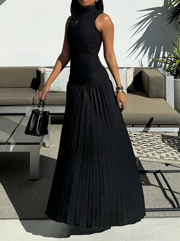 Freeacy 2024 New Women's Bodycon Dress Solid Black High Neck Sleeveless Pleated A-line Dress Summer Elegant Evening Dresses GONZALES ONLINE SHOP