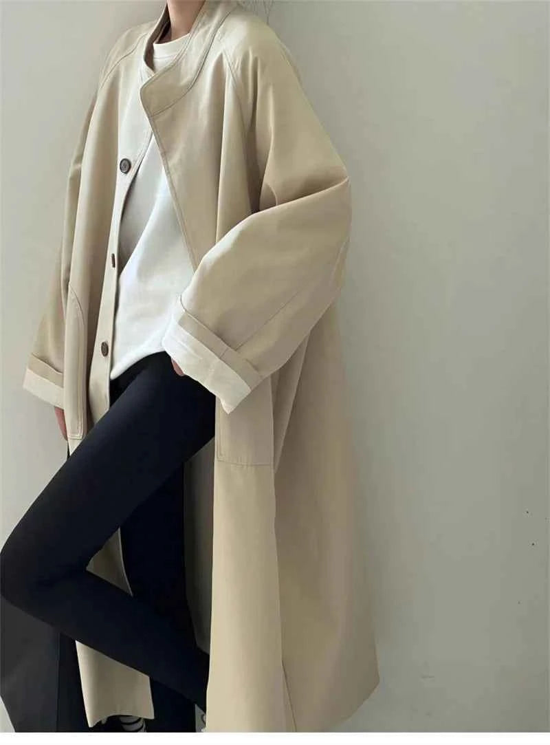 Lazy Loose Stand Up Collar Long Ttrench Coat For Women New Spring Autumn Casual British Style High-end Windbreaker Overcoat